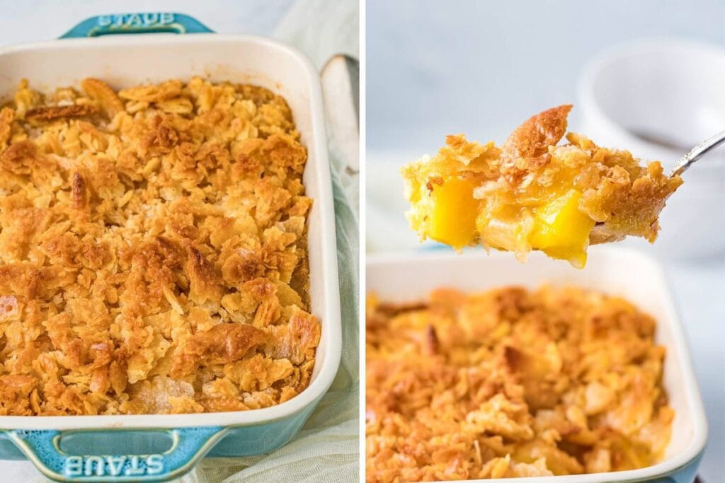 Collage of Best pineapple casserol.