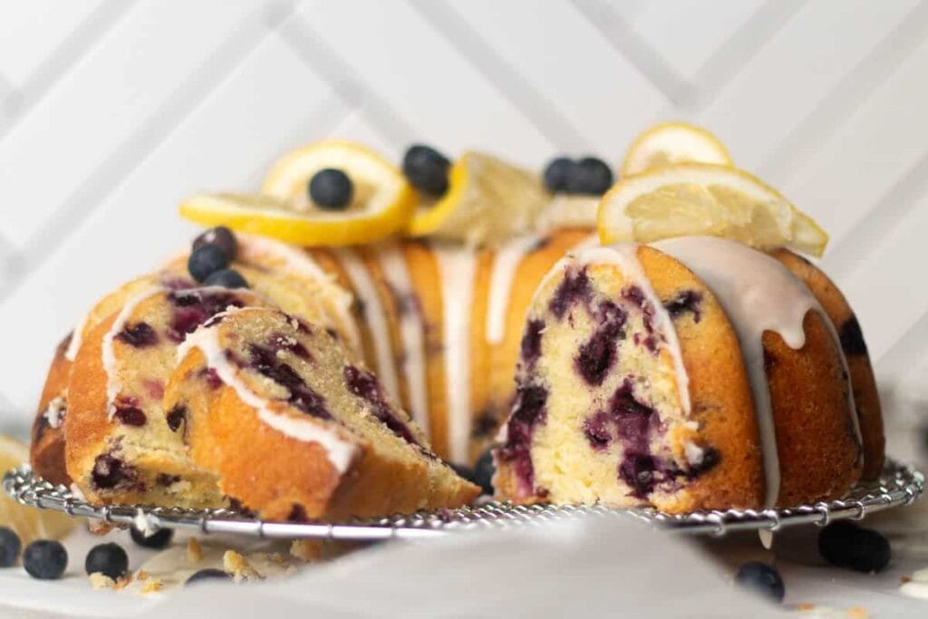A close up shot of blueberry and lemon pound cake.