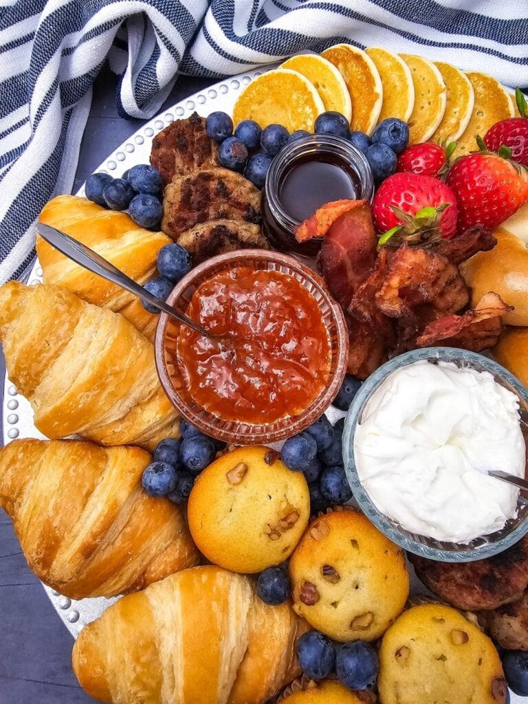 A close up shot of breakfast charcuterie board.