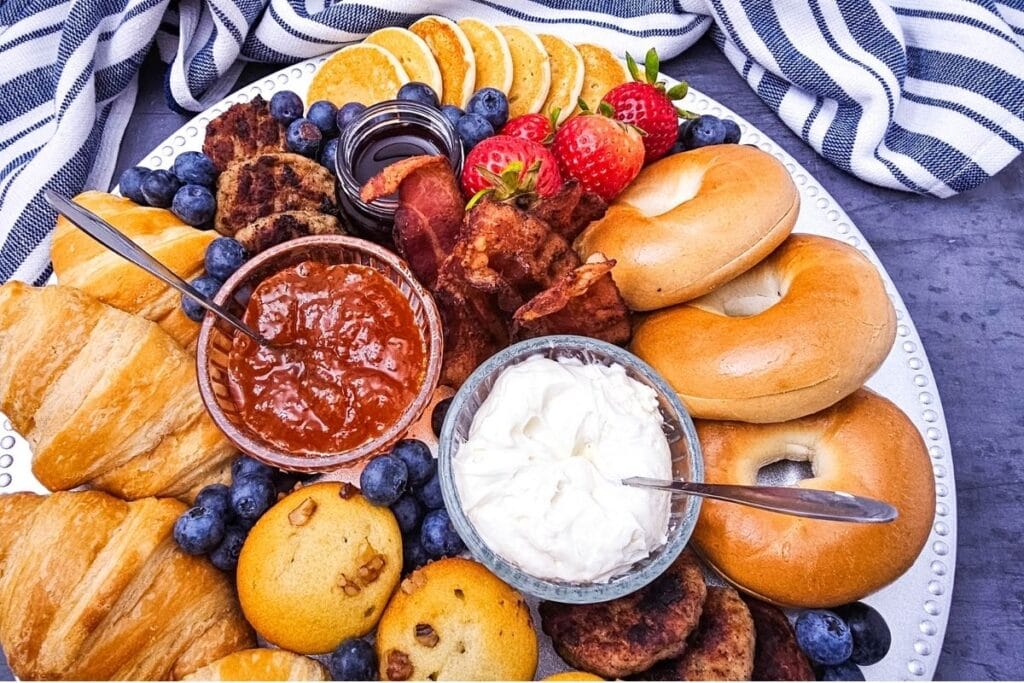 A close up shot of breakfast charcuterie board.