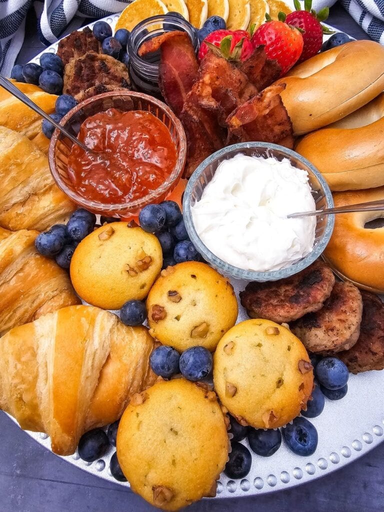 A close up shot of breakfast charcuterie board.