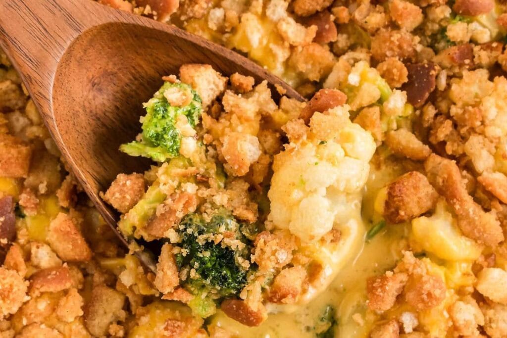 A close up shot of Broccoli Cauliflower Casserole.