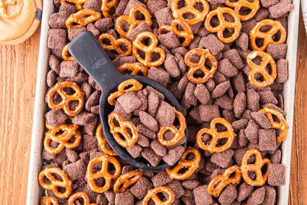 A close up shot of Brownie batter puppy chow.