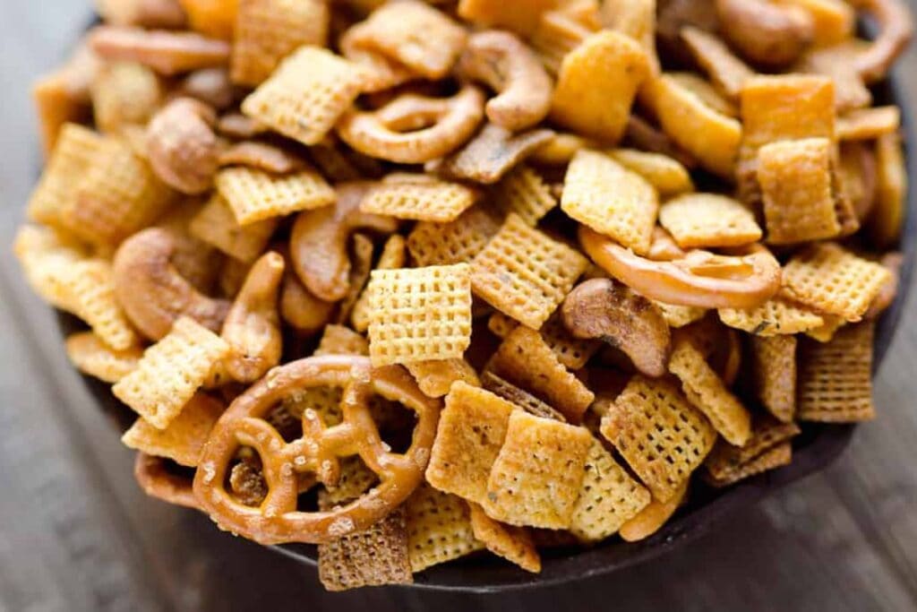 A close up shot of Buffalo Ranch Snack mix.