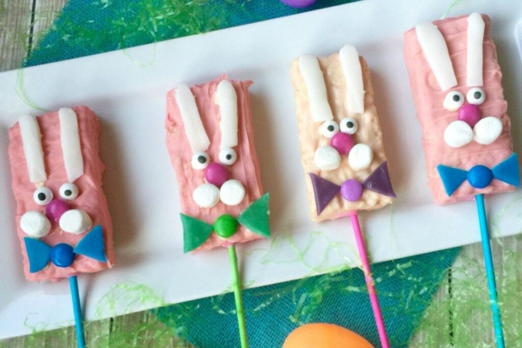 A close up shot of bunny easter rice krispie treats.