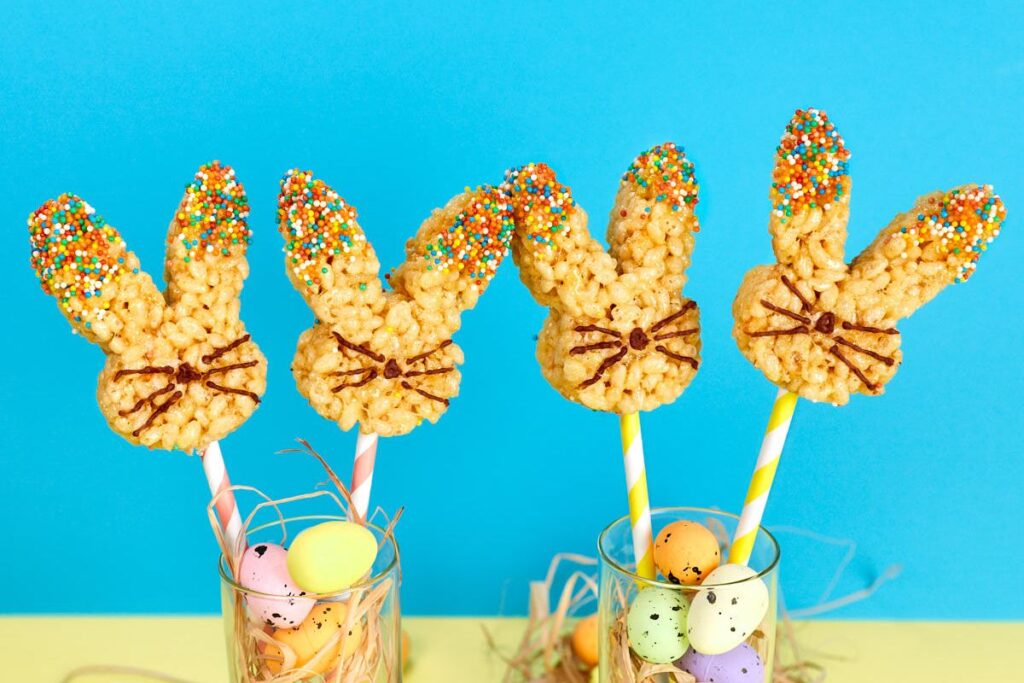 A close up shot of bunny rice krispie treats.