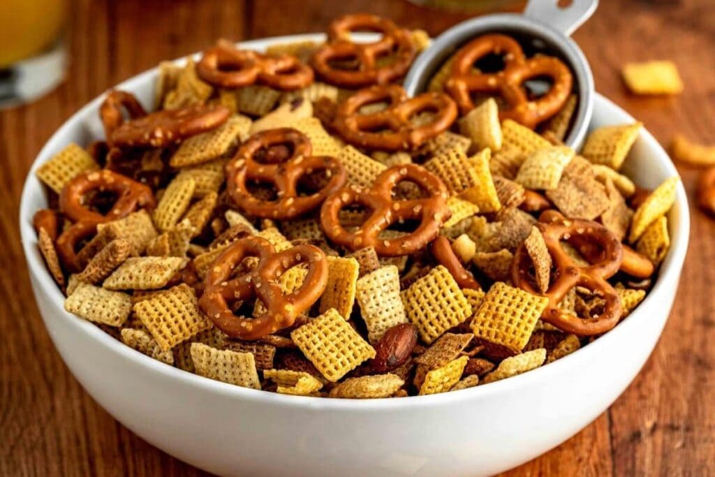 A close up shot of Cajun Snack mix.