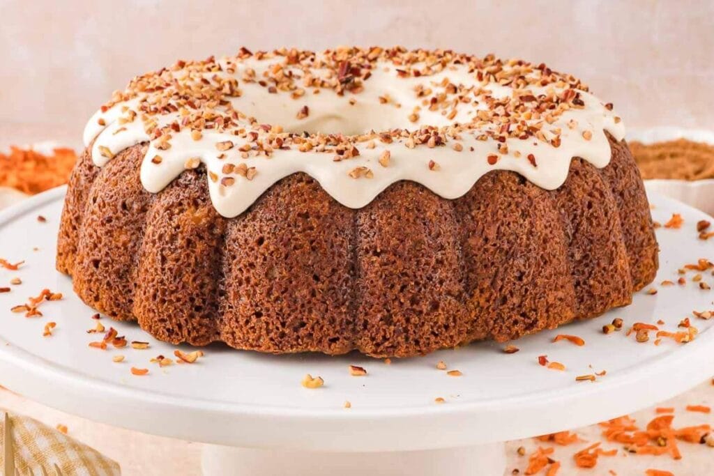A close up shot of carrot bundt cake.
