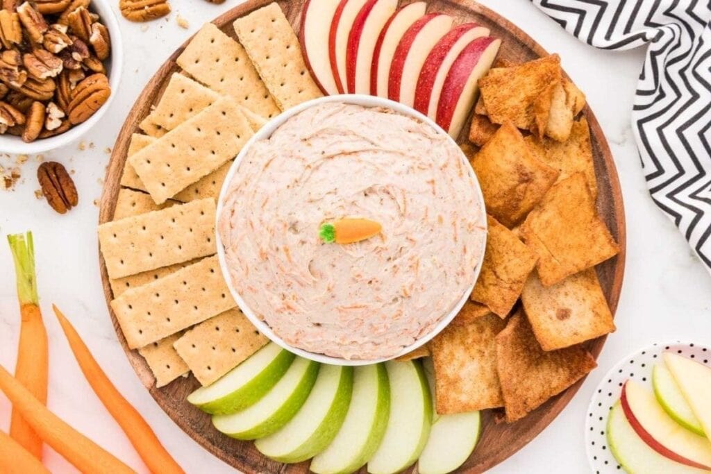 A close up shot of carrot cake dip.