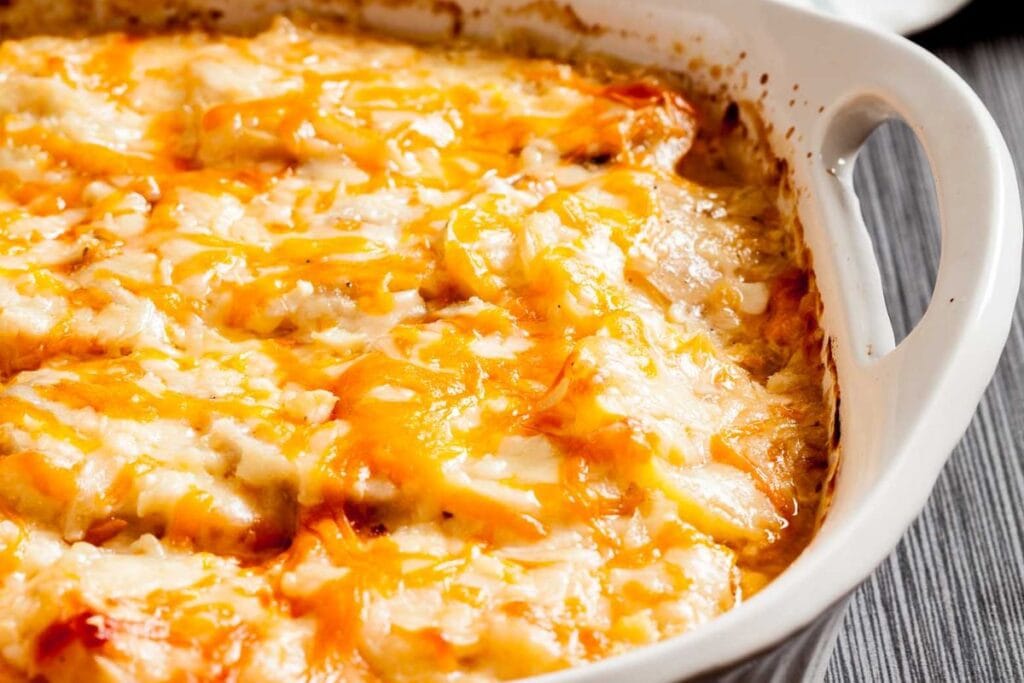 A close up shot of Cheesy Scalloped Potatoes