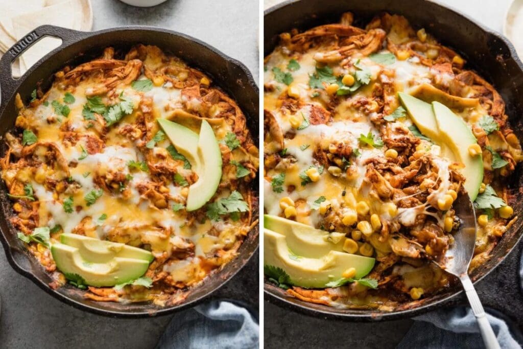 Collage of chicken enchilada skillet with corn.