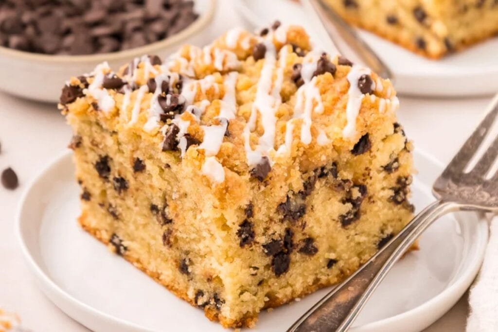 A close up shot of chocolate chip coffee cake.