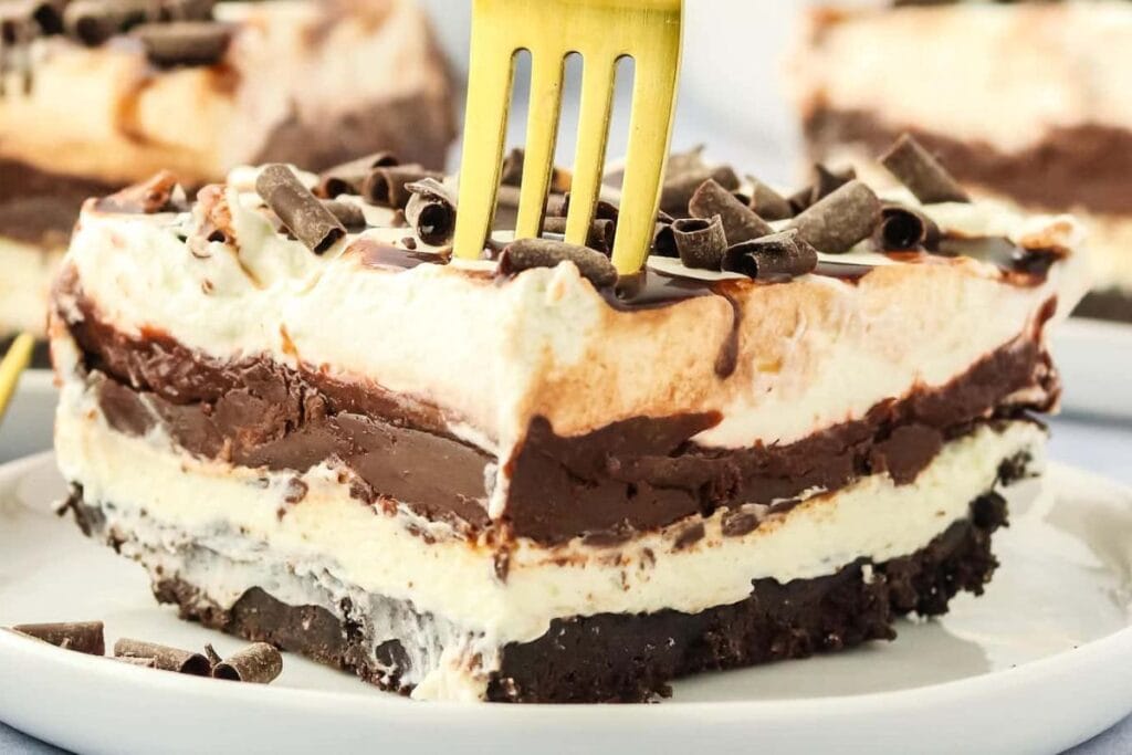 A close up shot of chocolate lasagna.
