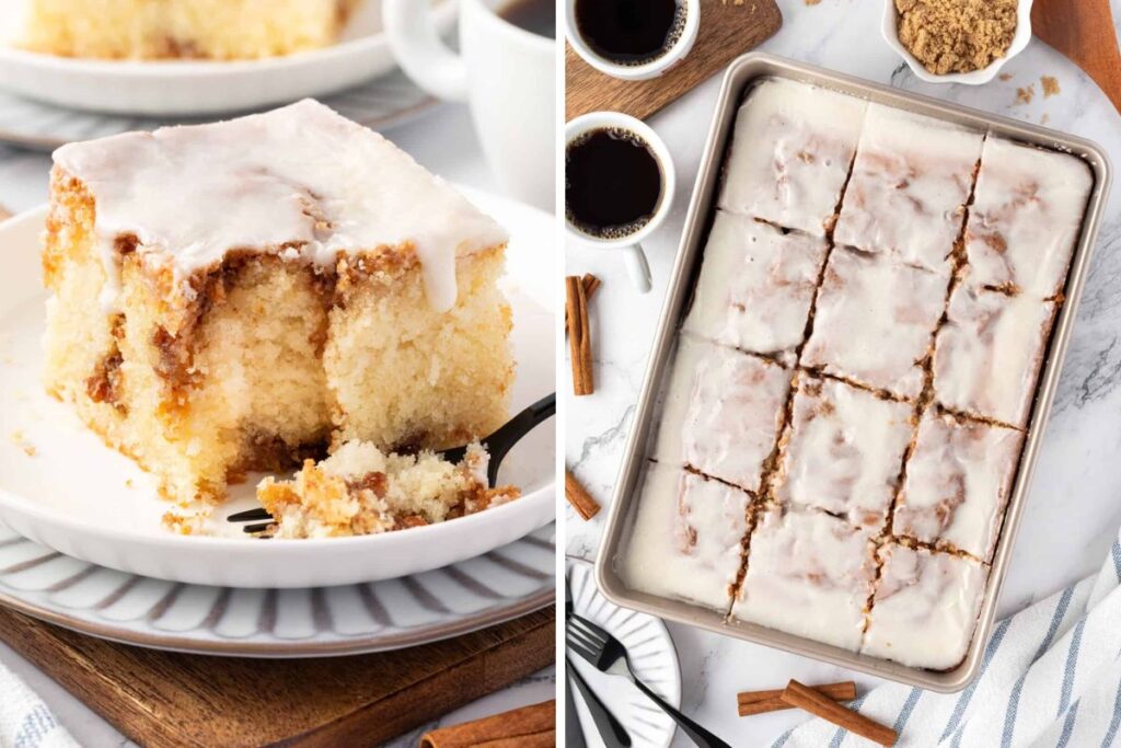 Collage of cinnamon roll bake.