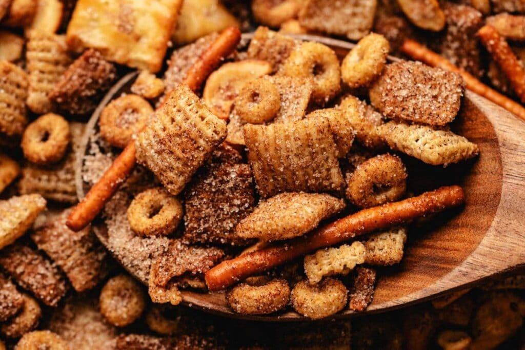A close up shot of Cinnamon sugar sweet and salty chex mix.