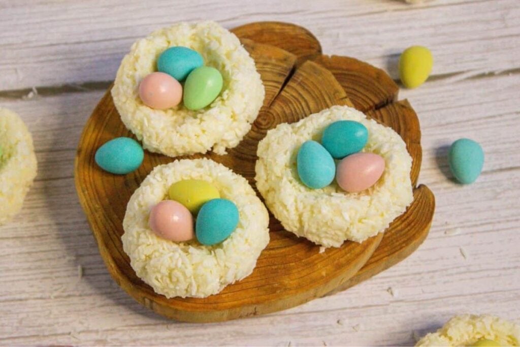 A close up shot of coconut easter eggs.