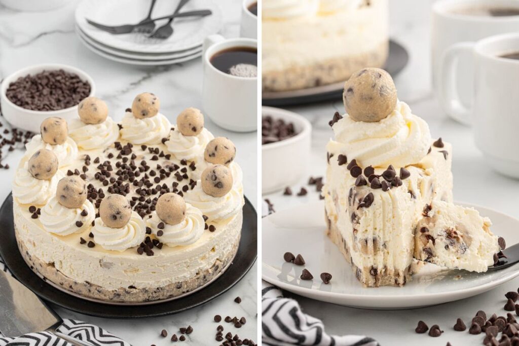 Collage of Cookie Dough Cheesecake.