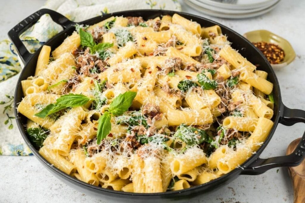 A close up shot of Creamy Tuscan Sausage Pasta.