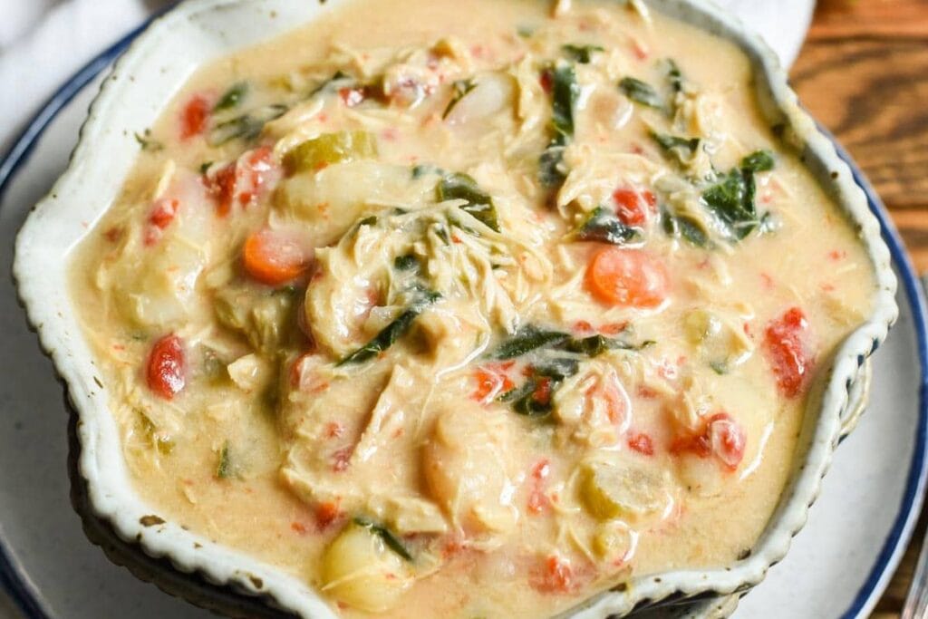 A close up shot of gnocchi soup.