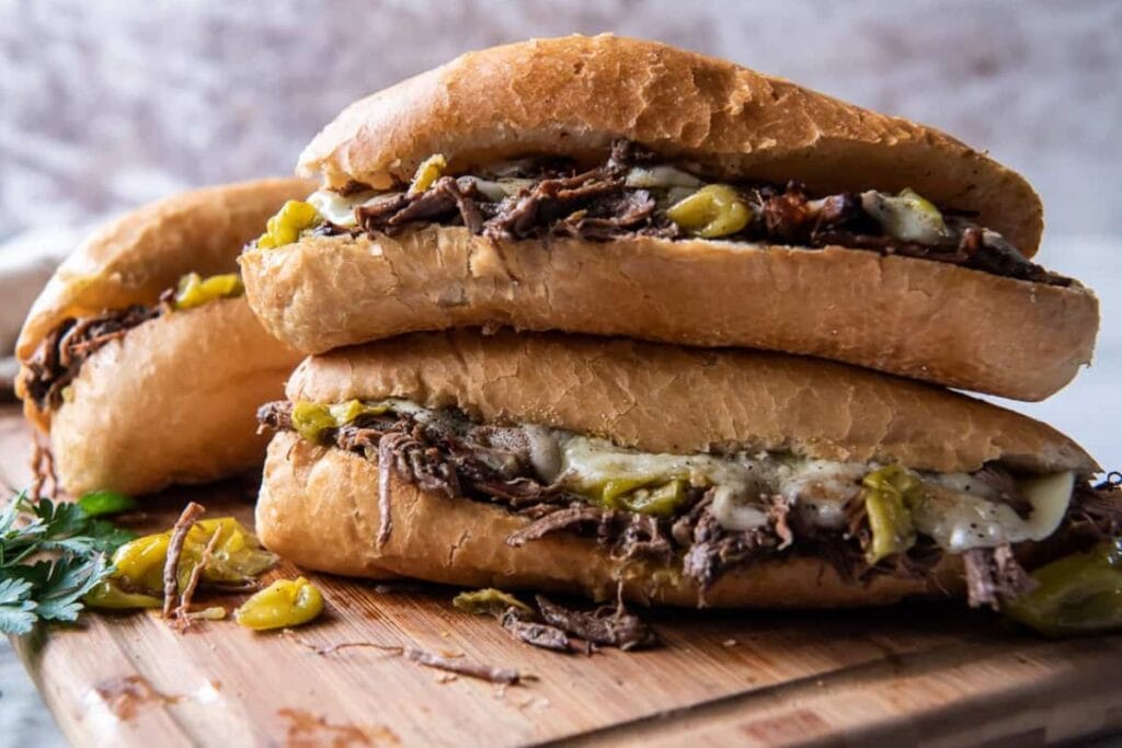 A close up shot of beef sandwiches.