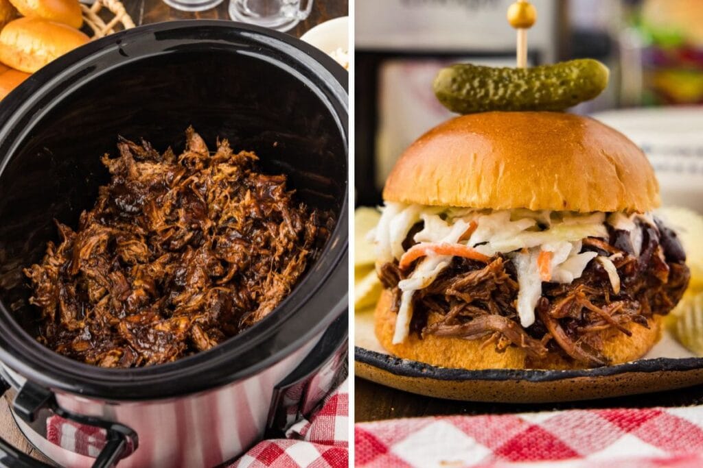 Collage of crockpot bbq beef sandwich.