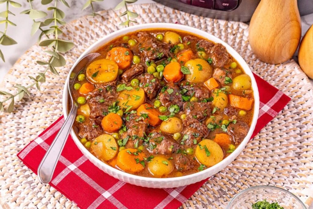 A close up shot of beef stew.