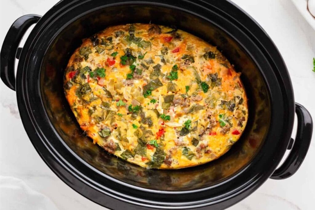 A close up shot of crockpot breakfast casserole.