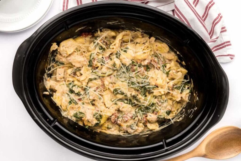 A close up shot of crockpot chicken tortellini