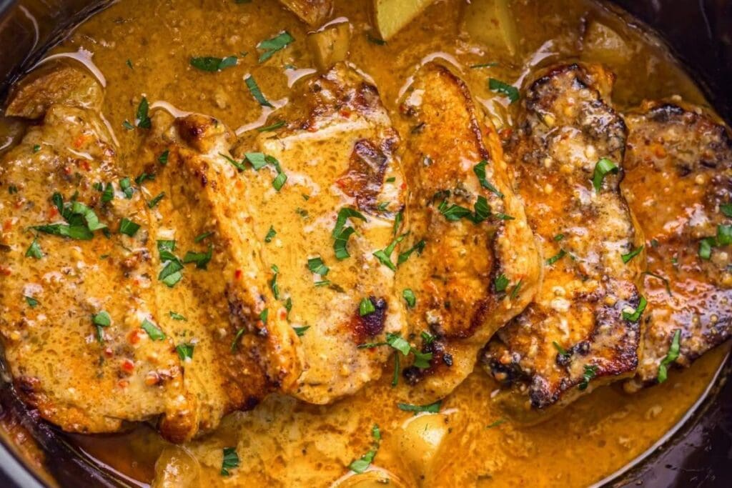 A close up shot of crockpot pork chops.