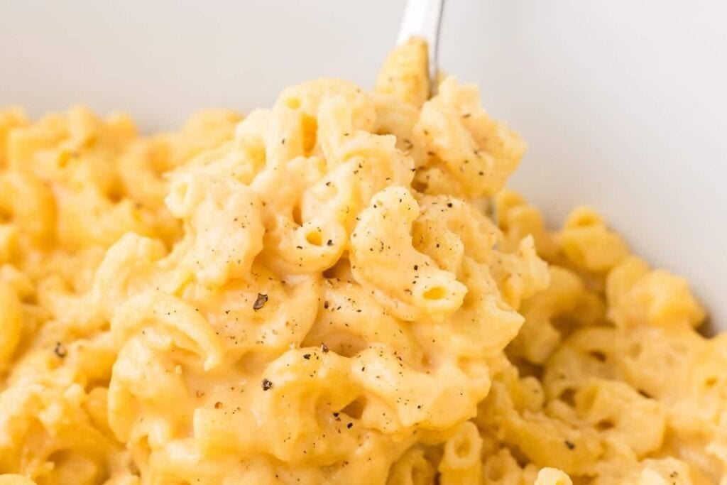 A close up shot of crockpot mac and cheese.