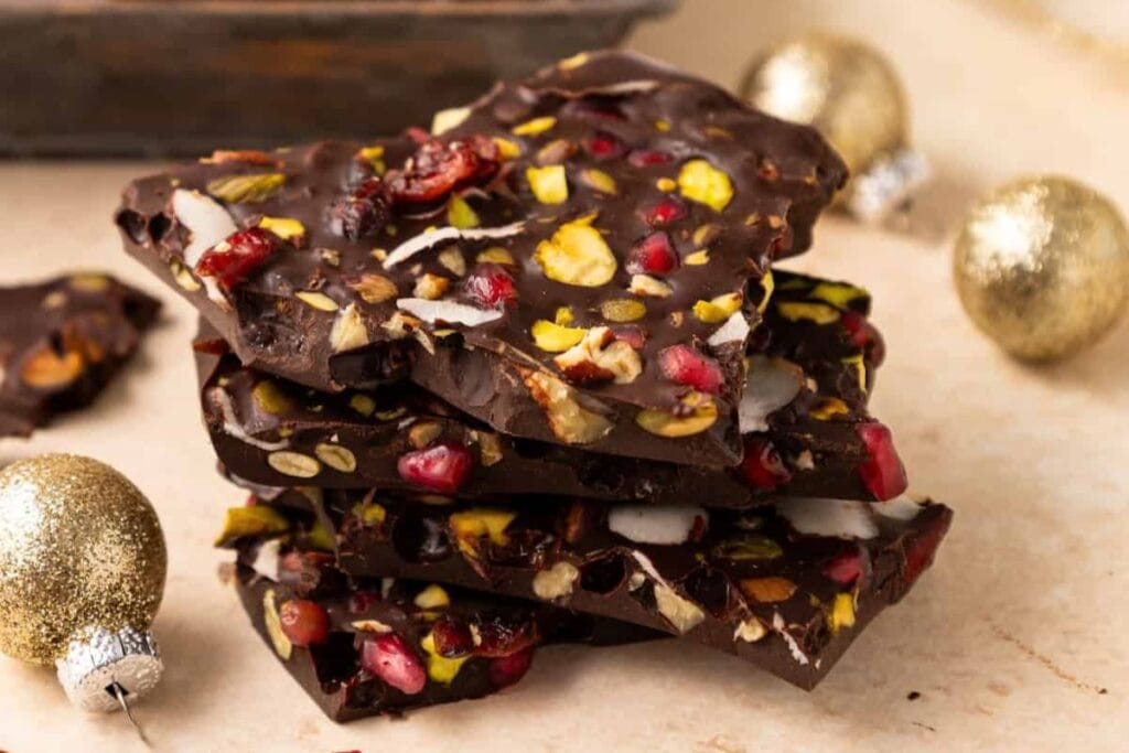 A close up shot of dark chocolate bark.