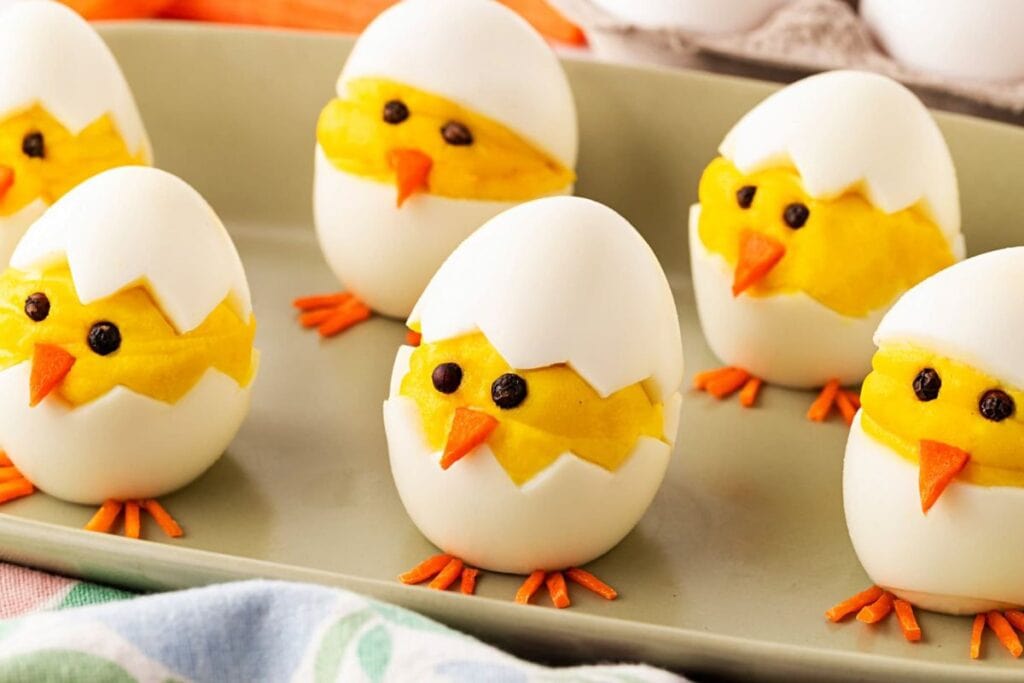 A close up shot of deviled egg chicks.