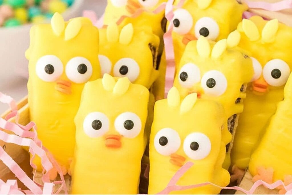 A close up shot of chick dipped wafer cookies.