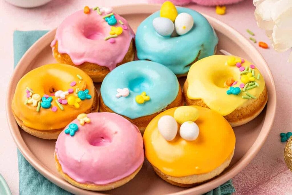A close up shot of easter donuts.