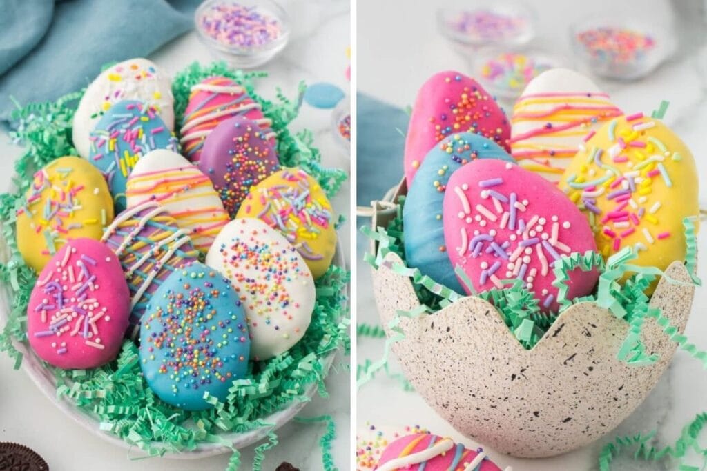 Collage of egg Oreo truffles.