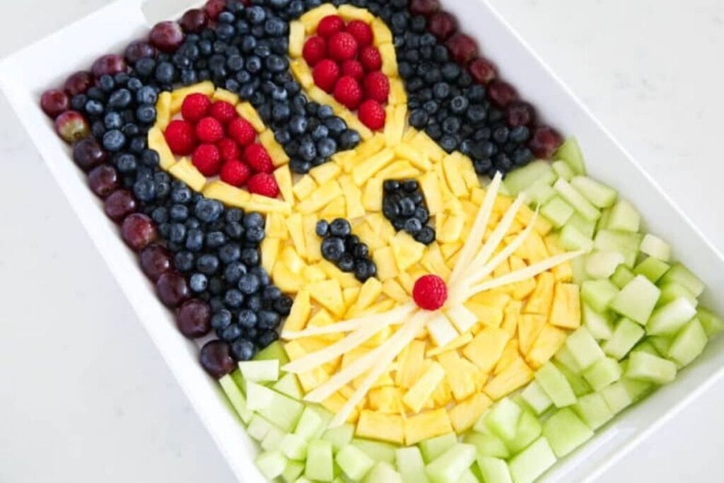 A close up shot of fruit tray for Easter.