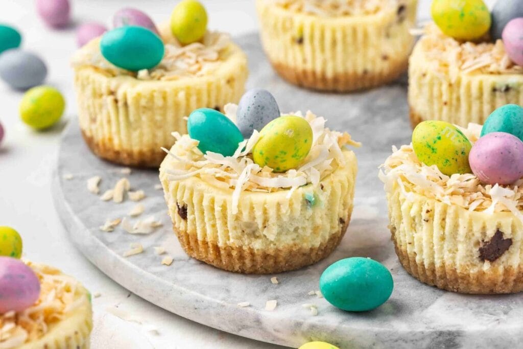 A close up shot of easter mini cheesecake cups.