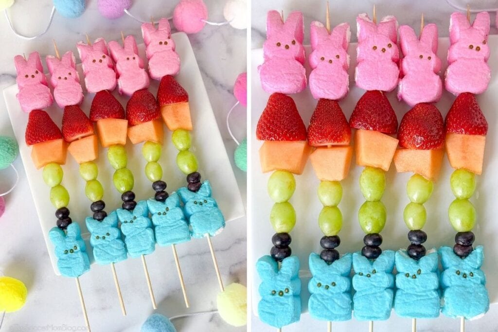 A close up shot of fruit kabobs.