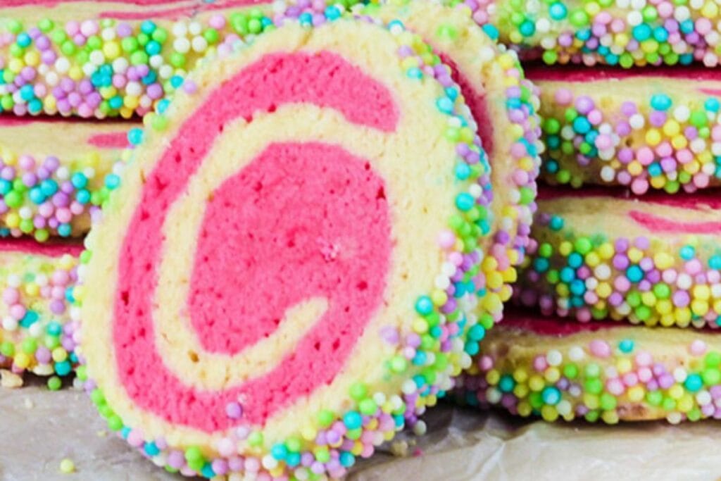A close up shot of easter pinwheel cookies.