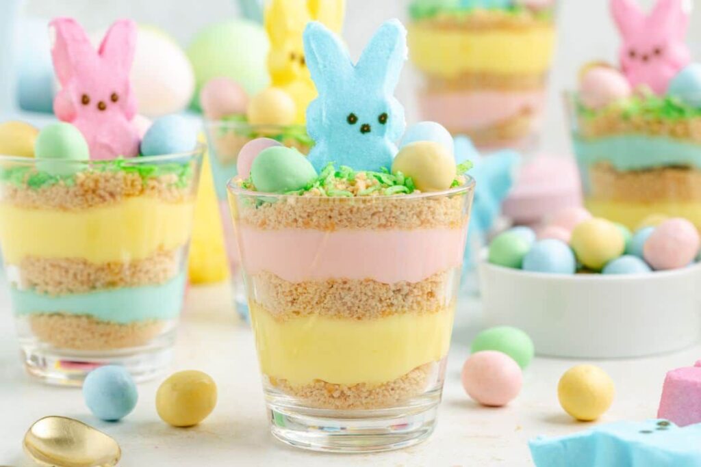 A close up shot of easter pudding cups.