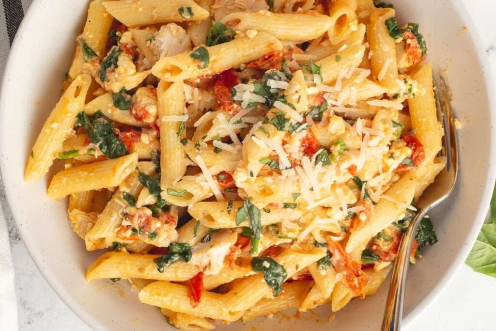 A close up shot of East Baked Feta Chicken Pasta.