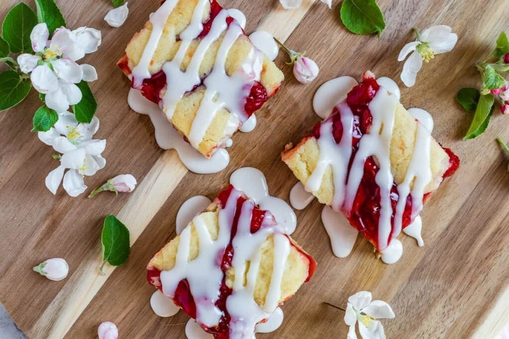 A close up shot of easy cherry pie bars for a crown.