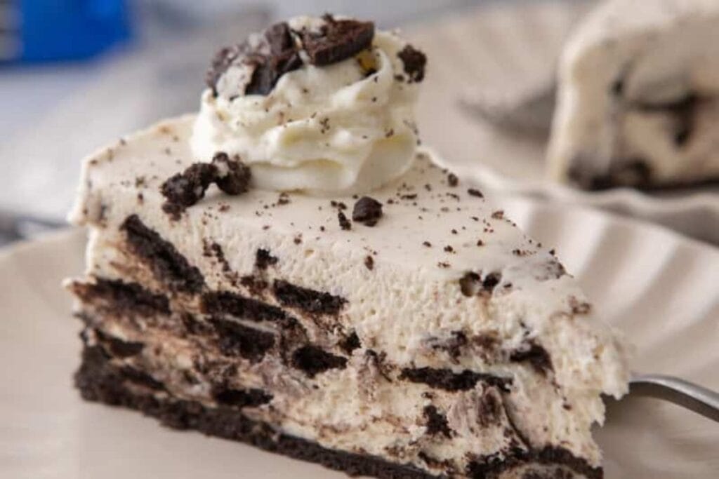A close up shot of Easy no Bake Oreo Cheesecake with Oreo Crust.