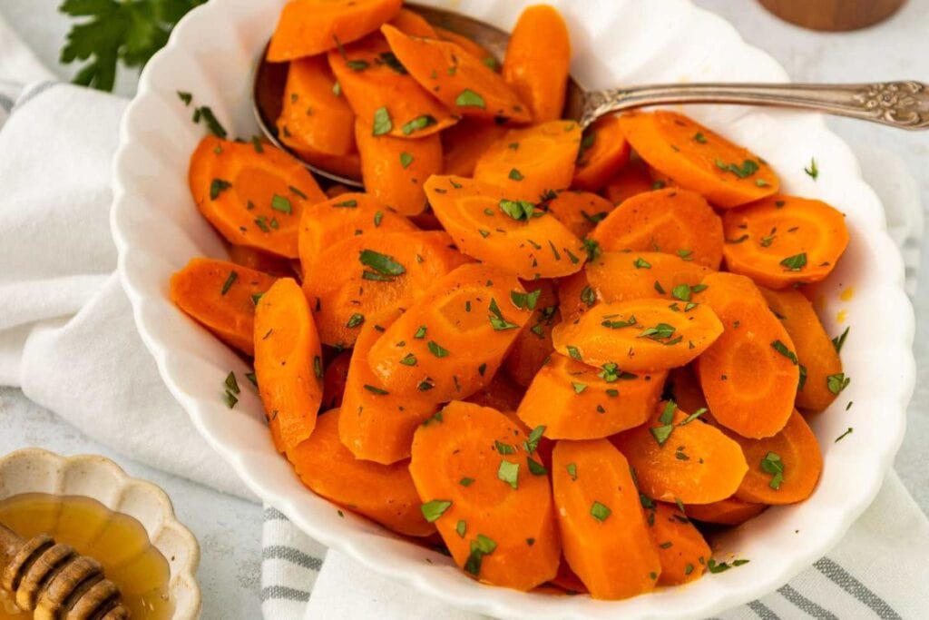 A close up shot Easy Slow Cooker Carrots.