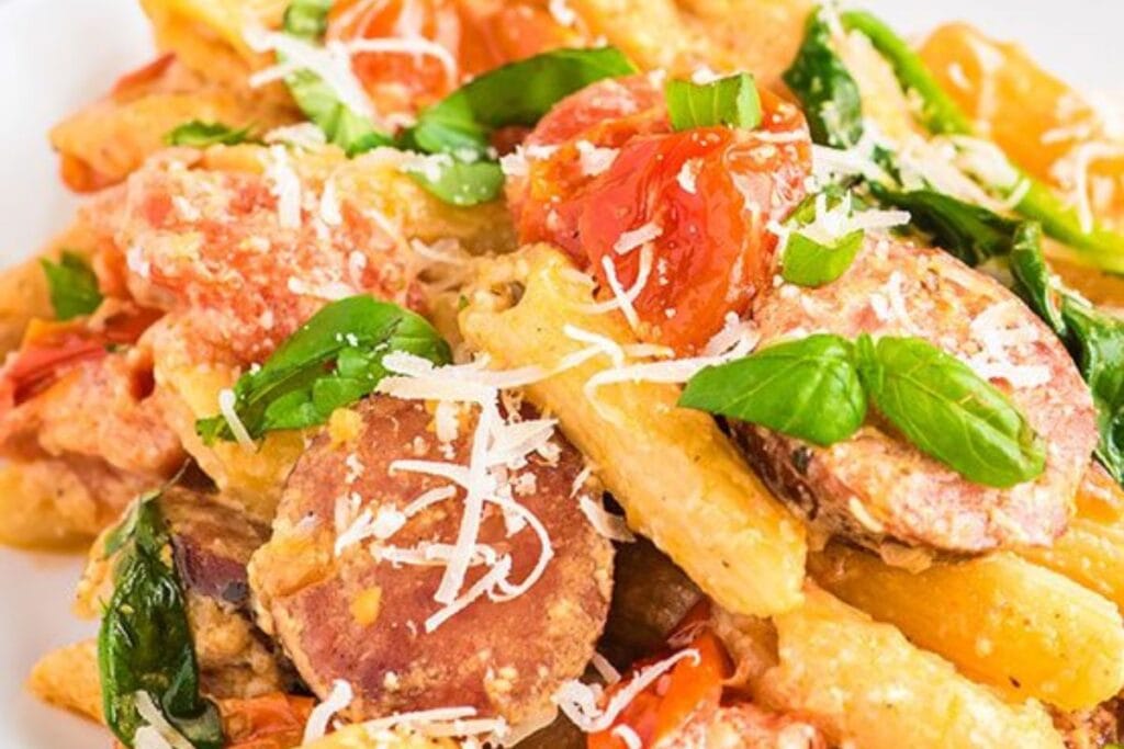 A close up shot of pasta bake with sausage.