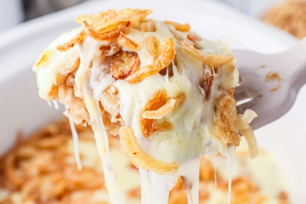 A close up shot of french onion chicken and rice.