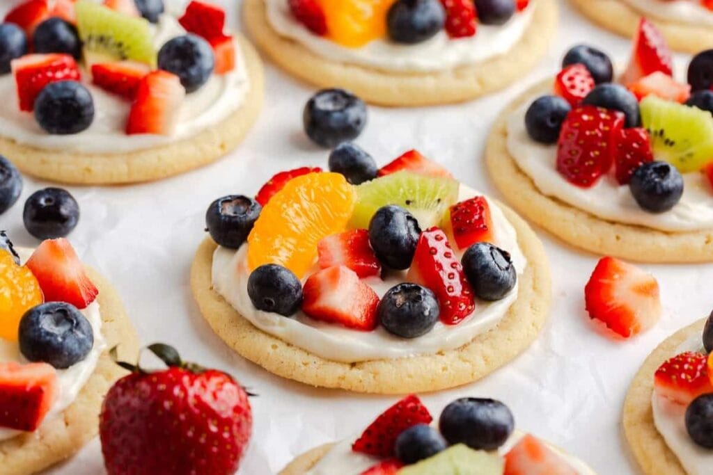 A close up shot of Fruit Pizza Cookies.