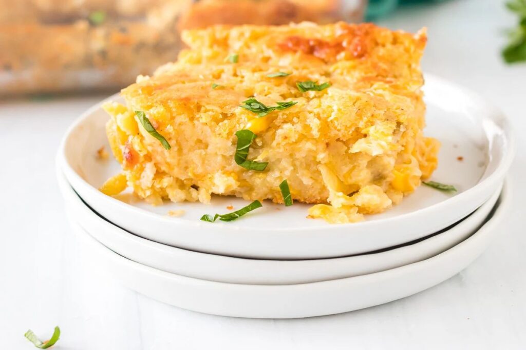 A close up shot of Green Chile Corn Casserole.