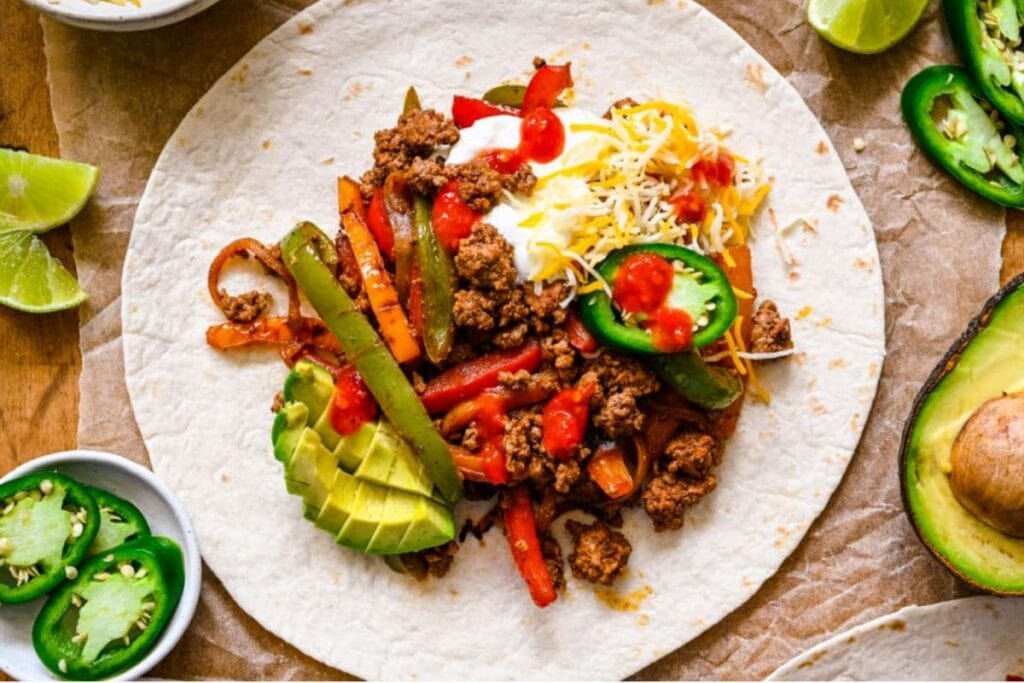 A close up shot of beef fajitas.
