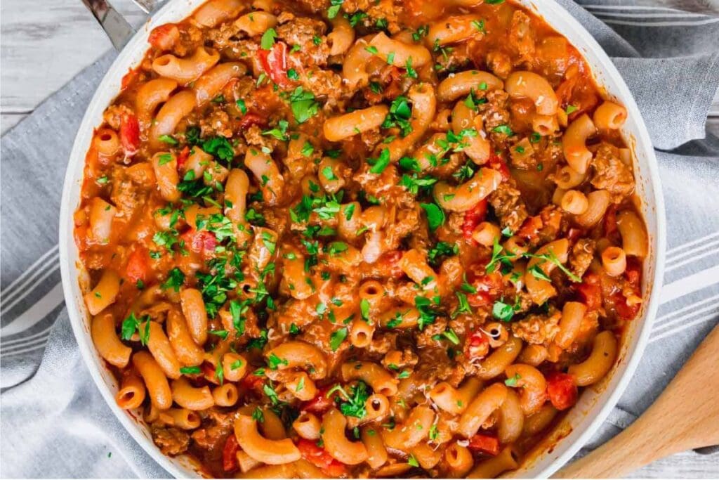 A close up shot of ground beef pasta skillet.